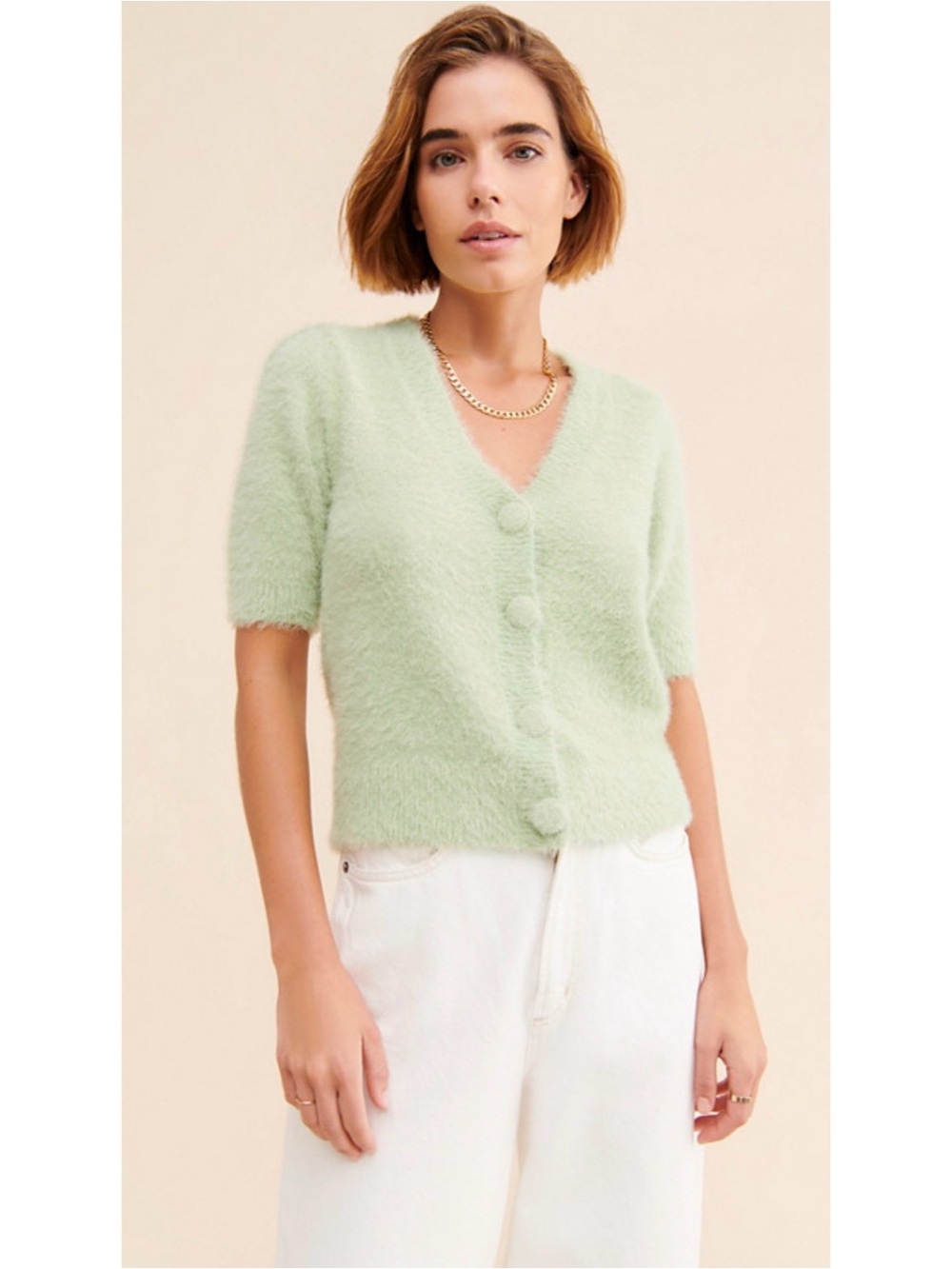 Soft Knit V-Neck Short Sleeve Sweater Cardigan - Light Mint
